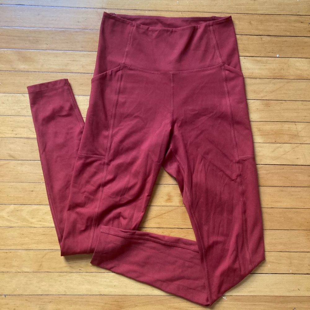 Girlfriend Collective rust red high rise leggings 28.5 inseam with pockets sz sm
